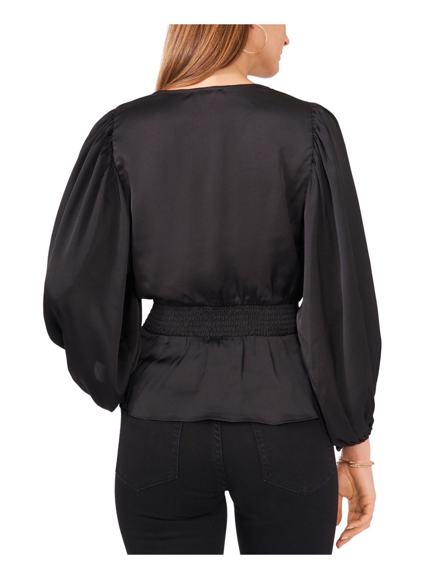VINCE CAMUTO Womens Black Smocked Blouson Sleeve V Neck Wear To Work Peplum Top L