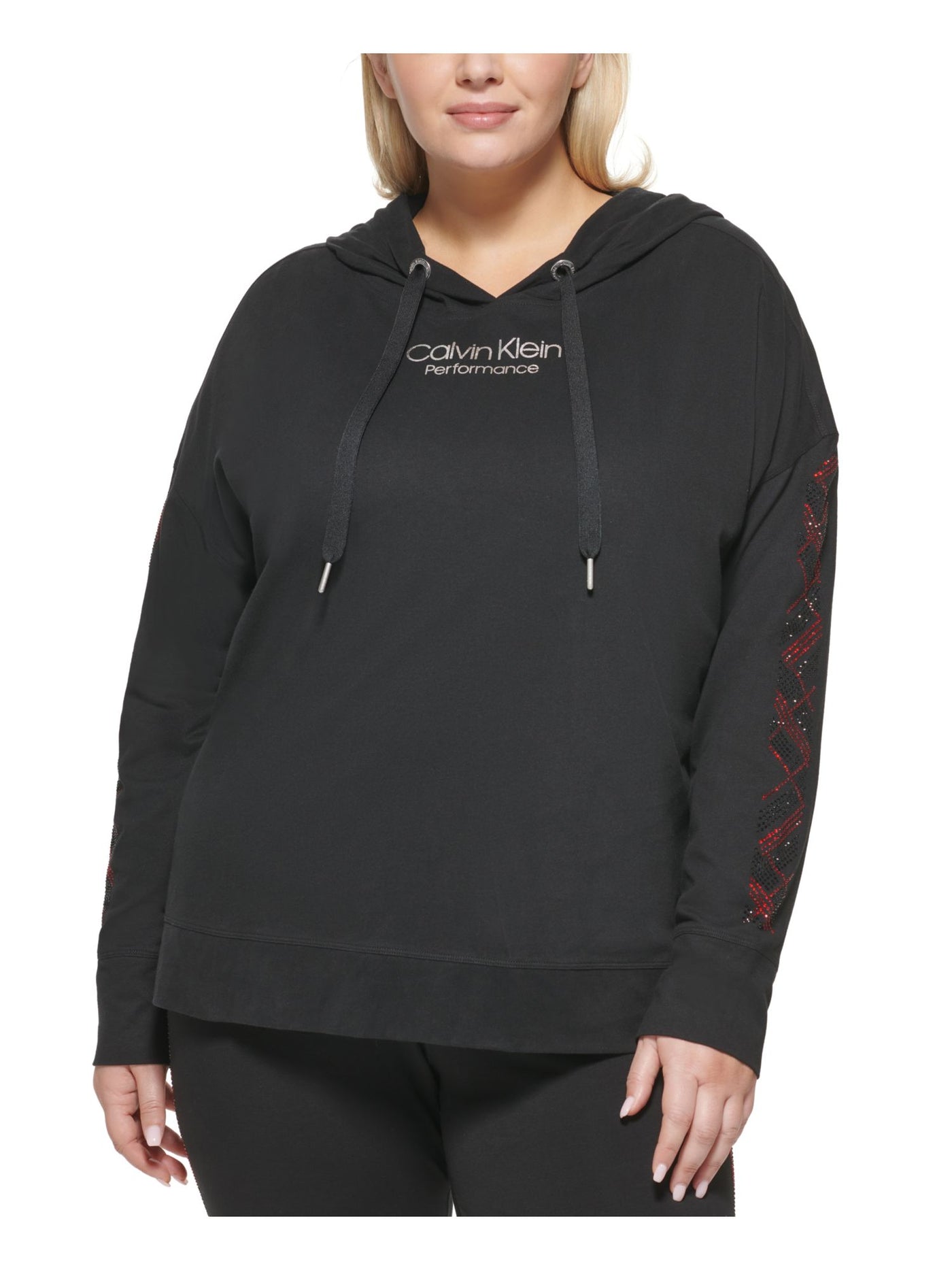 CALVIN KLEIN Womens Black Sequined Hooded Drawstring Logo Graphic Long Sleeve Sweatshirt Plus 1X