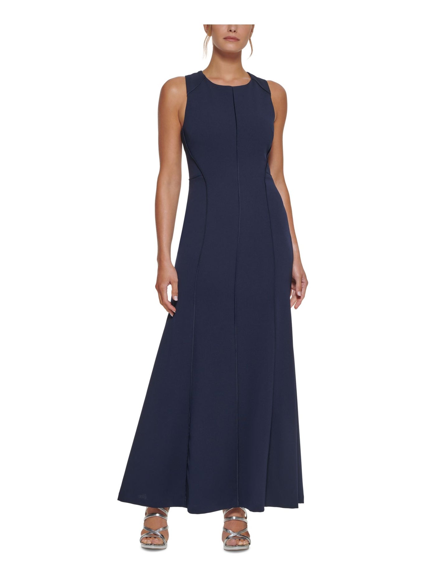 DKNY Womens Navy Zippered Cross Back Scuba Crepe Sleeveless Jewel Neck Full-Length Evening Gown Dress 4