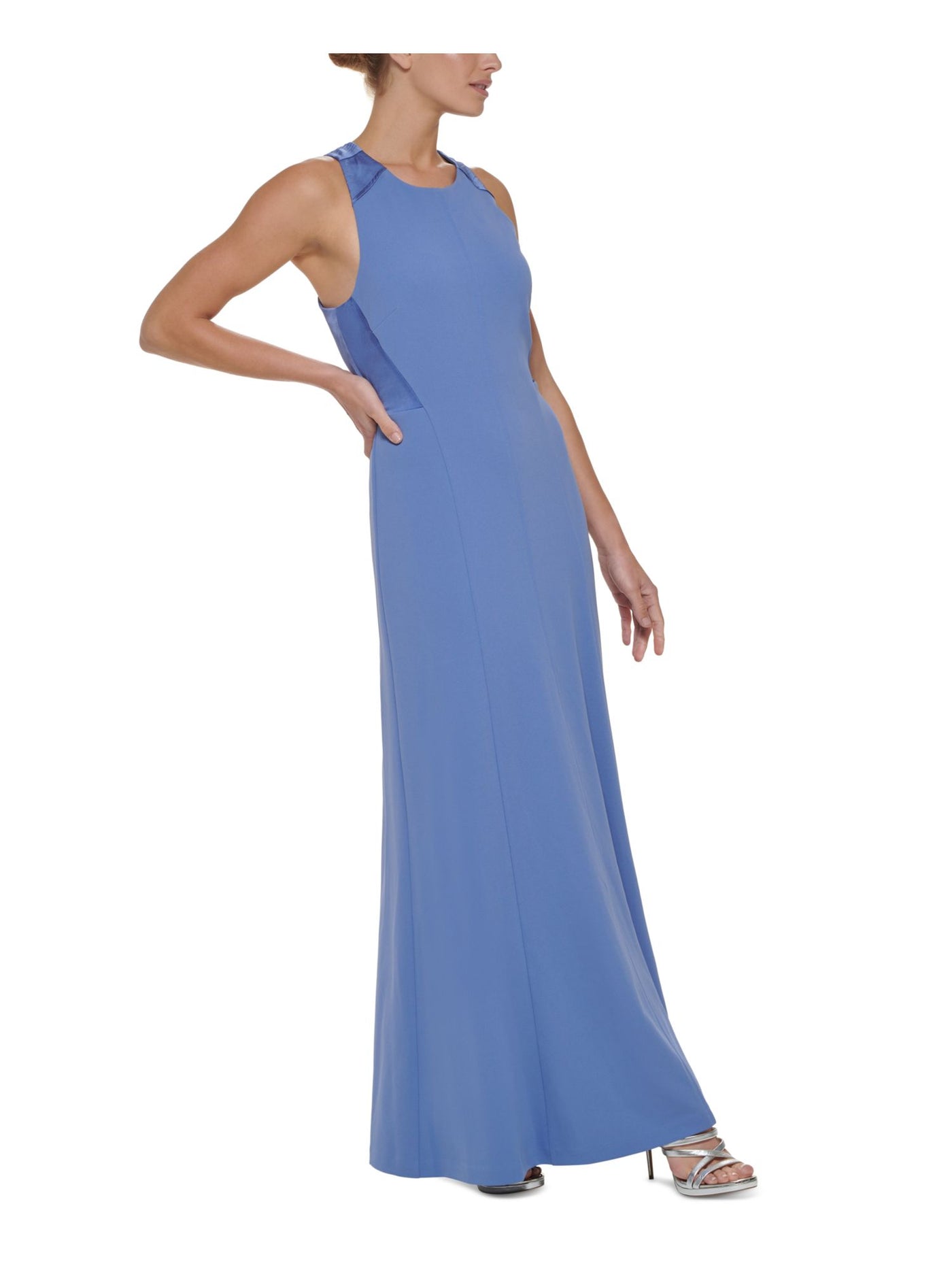 DKNY Womens Blue Zippered Cross Back Scuba Crepe Sleeveless Jewel Neck Full-Length Evening Gown Dress 16