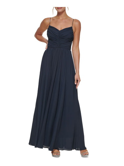 DKNY Womens Navy Ruched Zippered Lined Spaghetti Strap V Neck Full-Length Formal Gown Dress 10