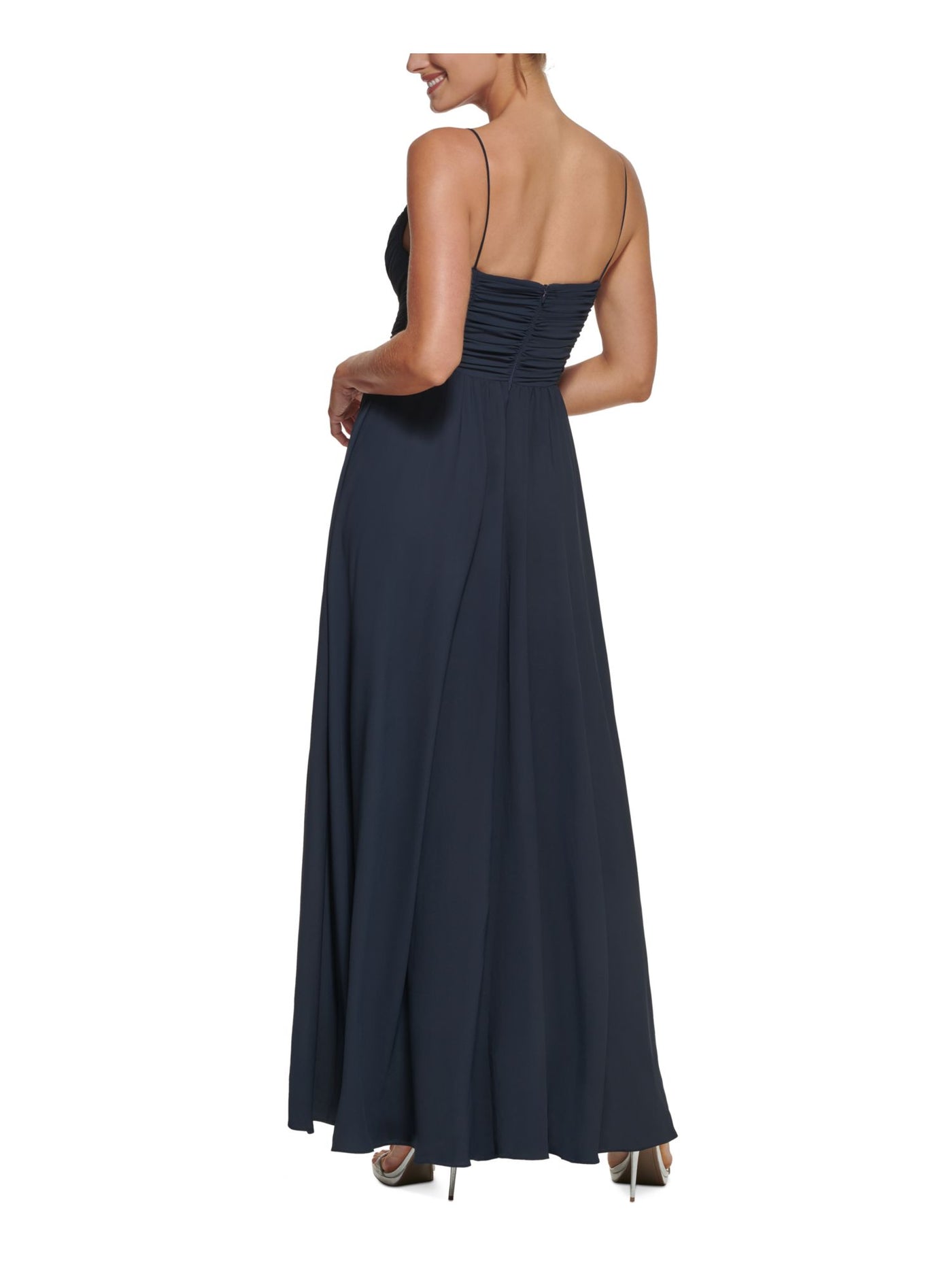 DKNY Womens Navy Ruched Zippered Lined Spaghetti Strap V Neck Full-Length Formal Gown Dress 14