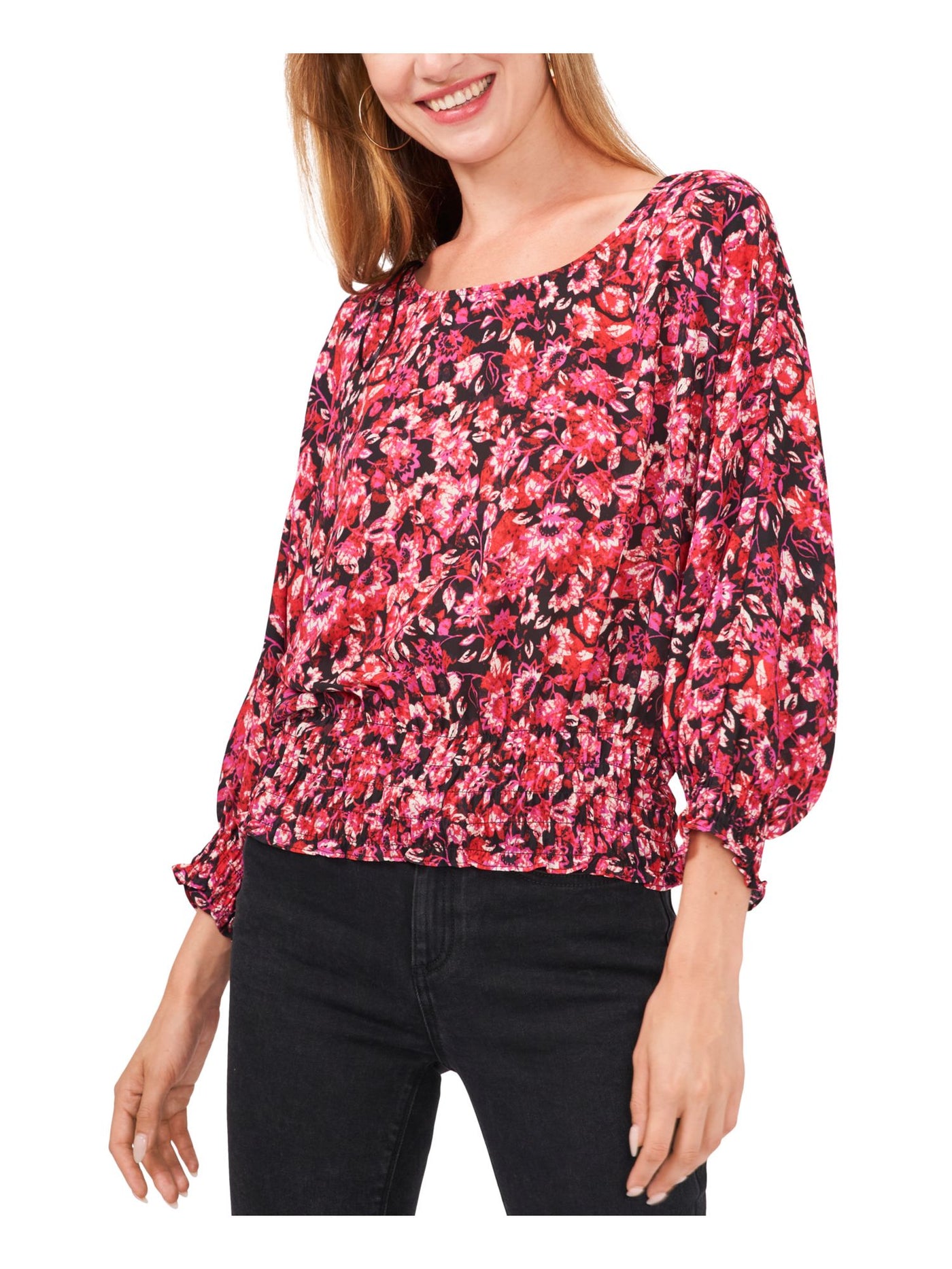 VINCE CAMUTO Womens Black Smocked Floral Blouson Sleeve Scoop Neck Wear To Work Blouse XS