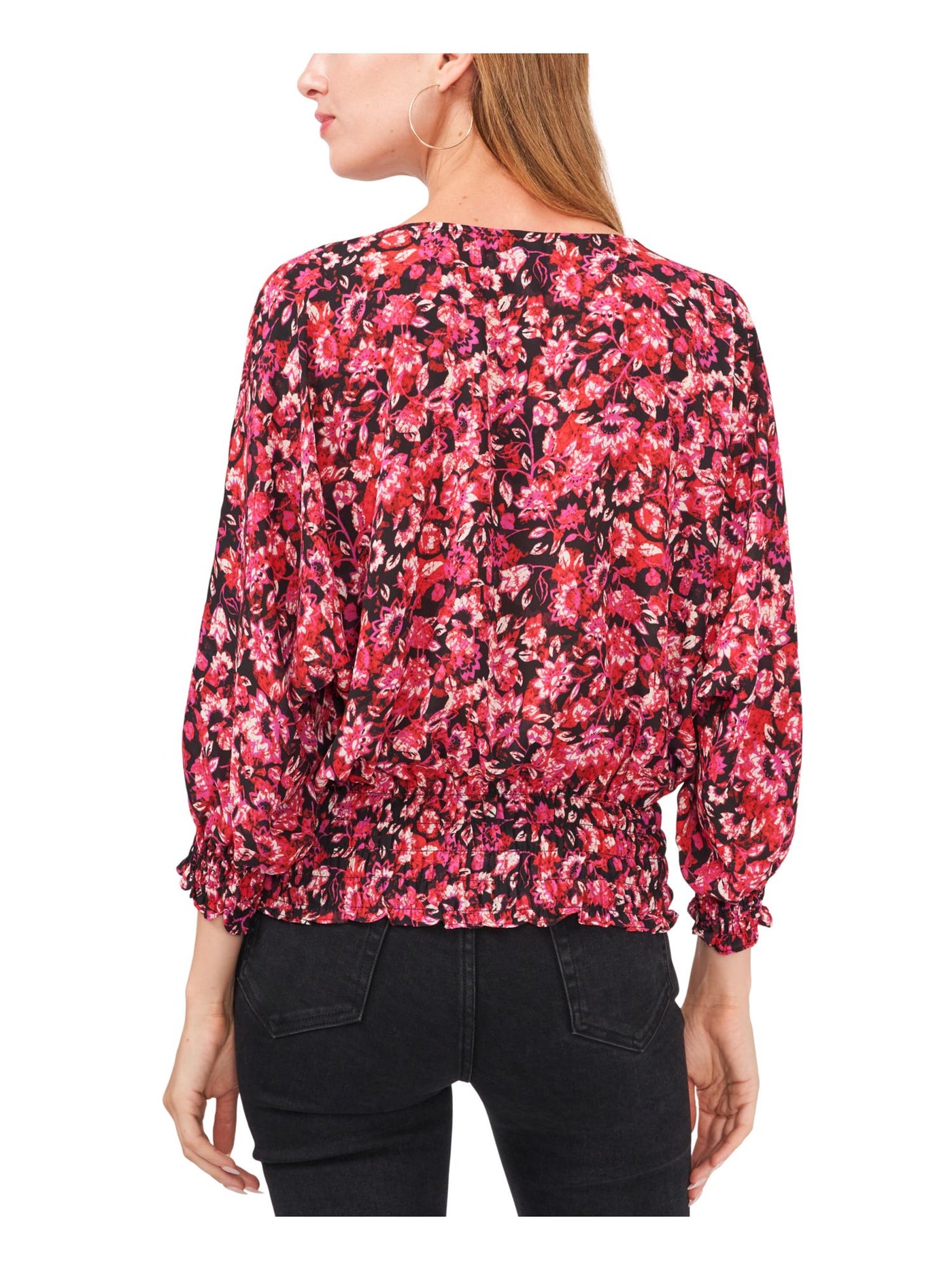 VINCE CAMUTO Womens Black Smocked Floral Blouson Sleeve Scoop Neck Wear To Work Blouse XS