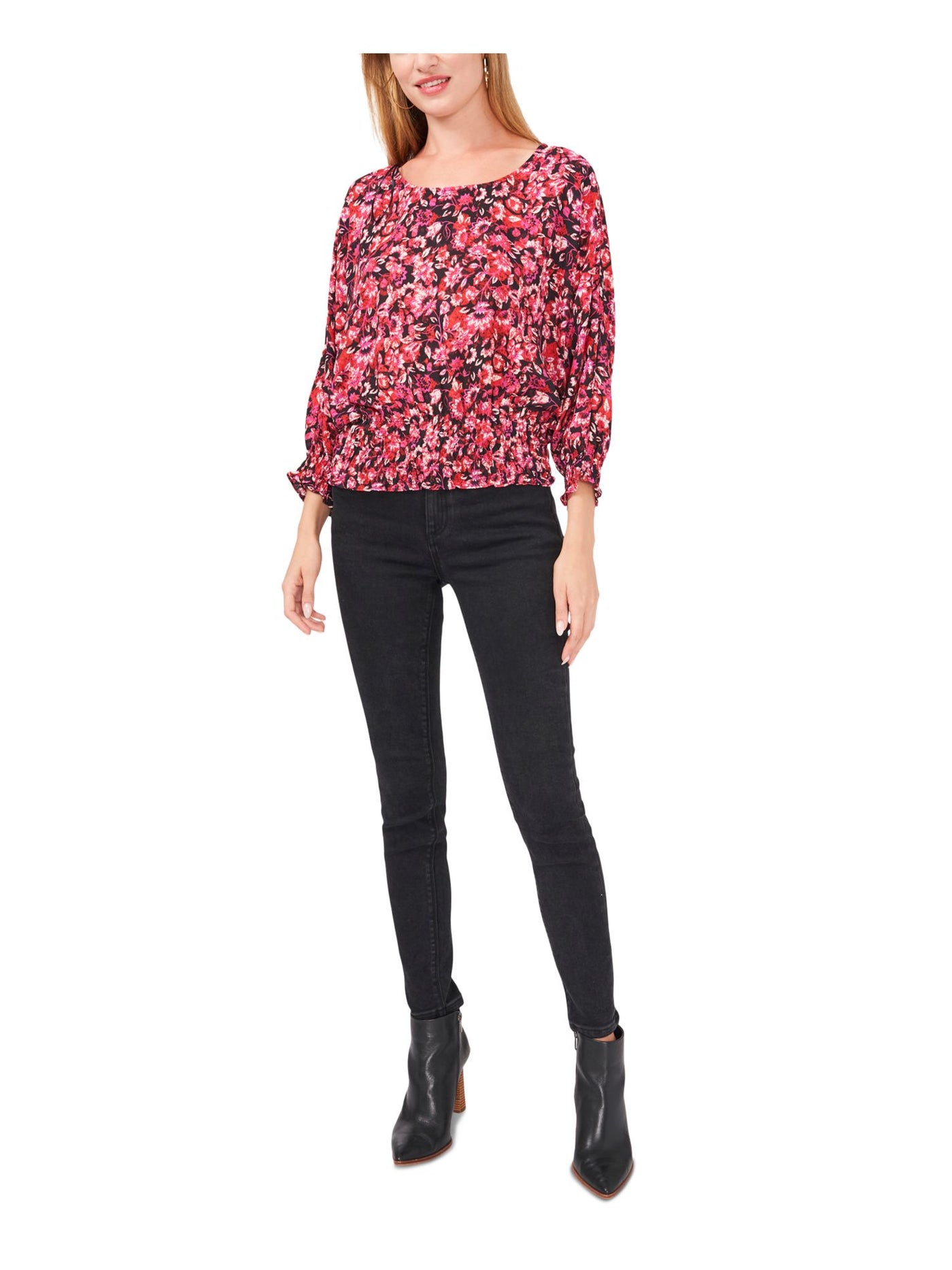 VINCE CAMUTO Womens Black Smocked Floral Blouson Sleeve Scoop Neck Wear To Work Blouse XS