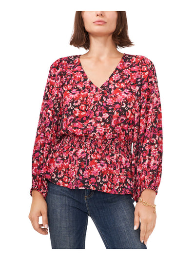 VINCE CAMUTO Womens Red Smocked Floral Blouson Sleeve V Neck Peplum Top M