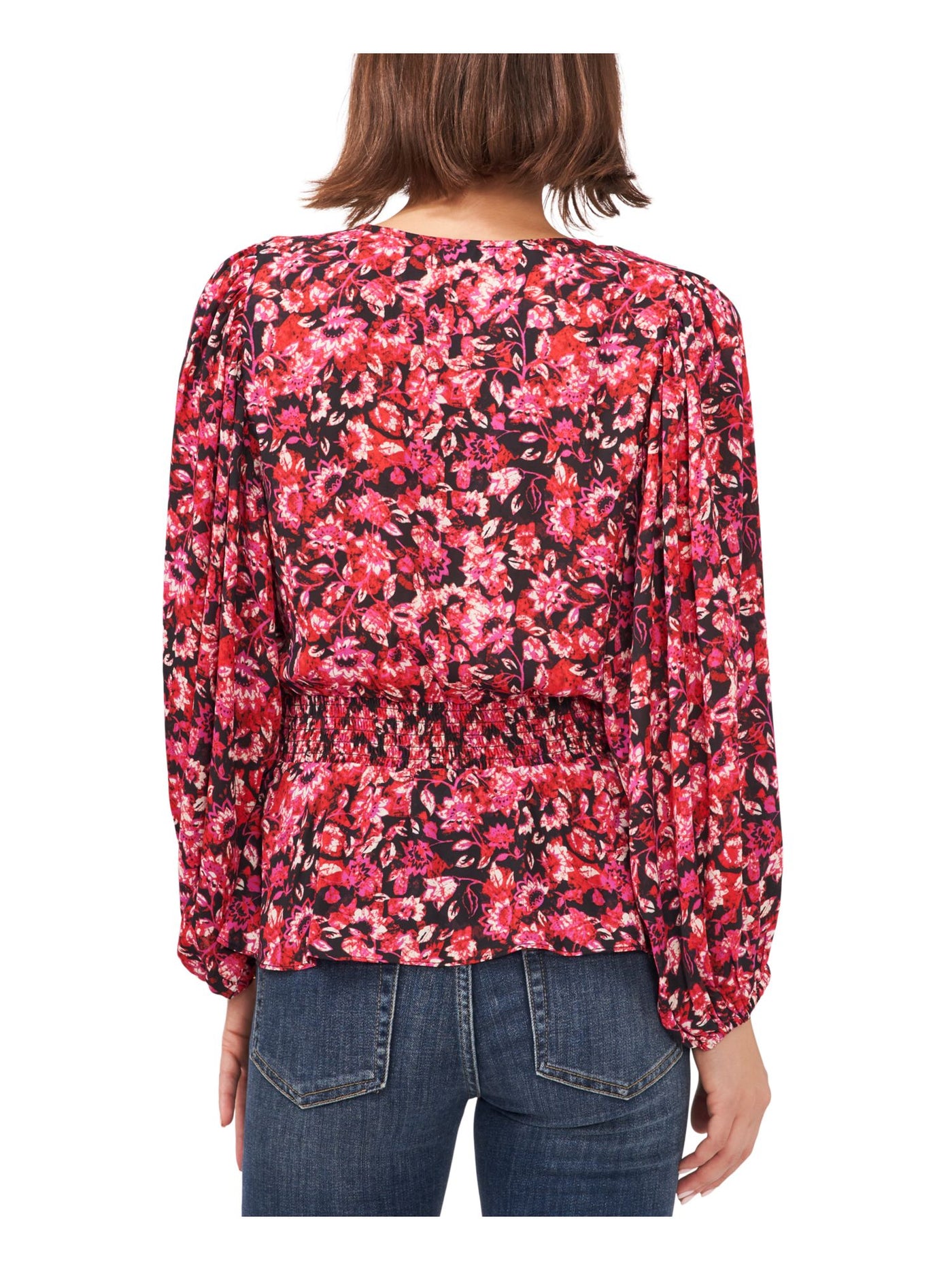 VINCE CAMUTO Womens Red Smocked Floral Blouson Sleeve V Neck Peplum Top M