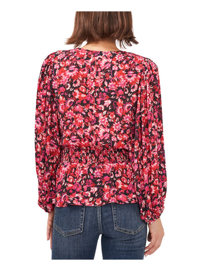 VINCE CAMUTO Womens Pink Smocked Floral Blouson Sleeve V Neck Peplum Top XXS