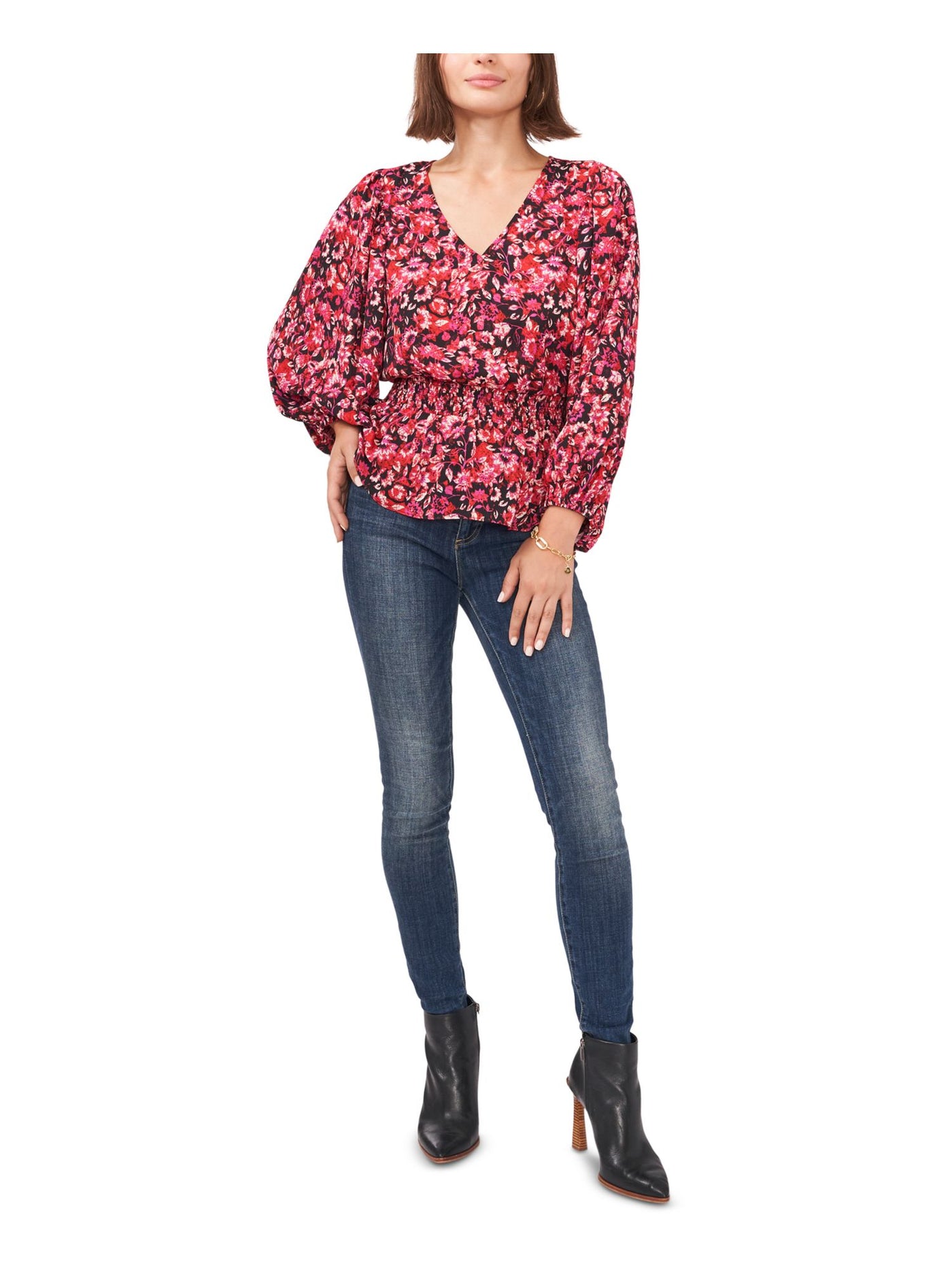 VINCE CAMUTO Womens Red Smocked Floral Blouson Sleeve V Neck Peplum Top S