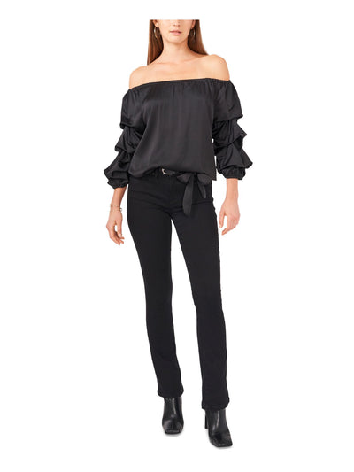 VINCE CAMUTO Womens Black Ruched Pullover Drawstring Waist 3/4 Sleeve Off Shoulder Cocktail Top XS