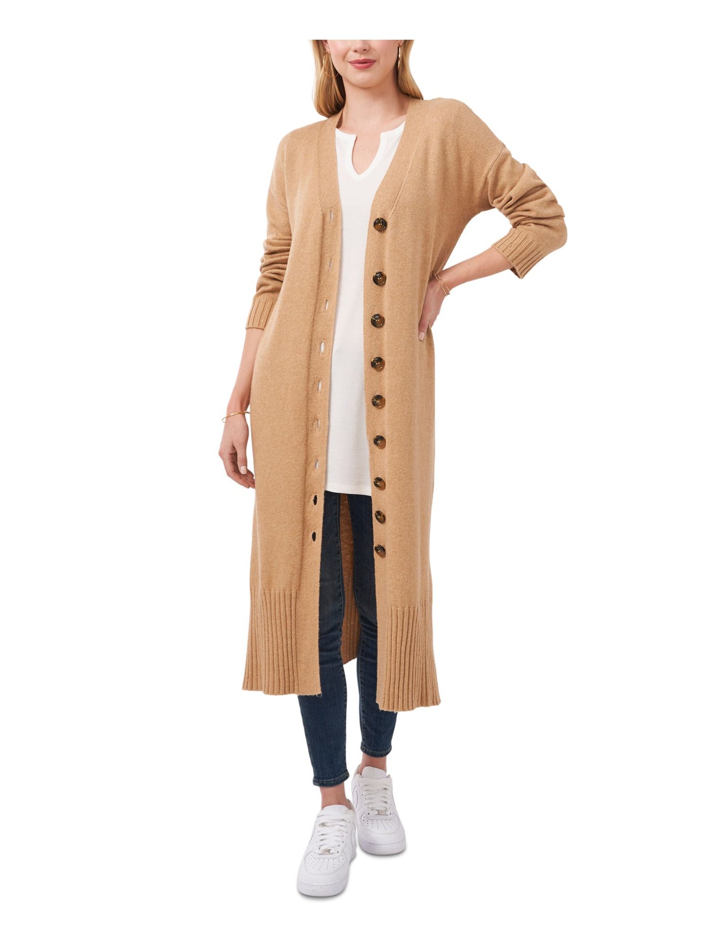 VINCE CAMUTO Womens Beige Knit Ribbed Vented Hem Button Down Long Sleeve V Neck Wear To Work Duster Cardigan L