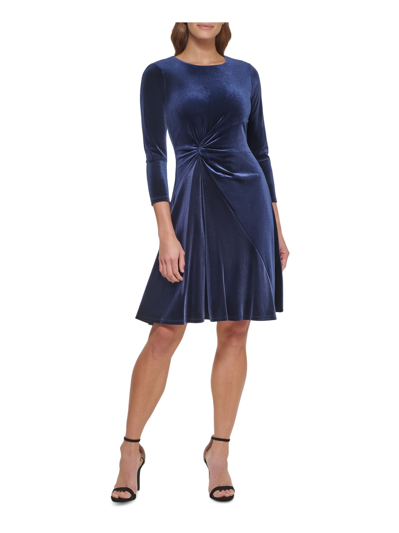 DKNY Womens Navy Stretch Zippered Twist Front Velvet 3/4 Sleeve Jewel Neck Above The Knee Party Fit + Flare Dress 2