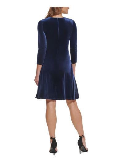 DKNY Womens Navy Stretch Zippered Twist Front Velvet 3/4 Sleeve Jewel Neck Above The Knee Party Fit + Flare Dress 8