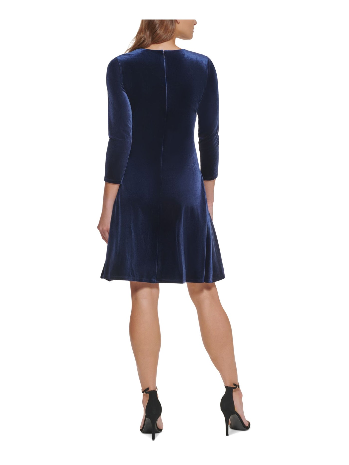 DKNY Womens Stretch Zippered Twist Front Velvet 3/4 Sleeve Jewel Neck Above The Knee Party Fit + Flare Dress