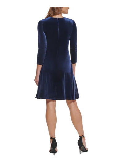 DKNY Womens Navy Stretch Zippered Twist Front Velvet 3/4 Sleeve Jewel Neck Above The Knee Party Fit + Flare Dress 2