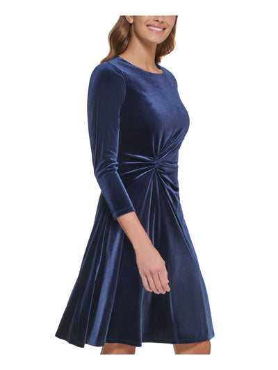 DKNY Womens Navy Stretch Zippered Twist Front Velvet 3/4 Sleeve Jewel Neck Above The Knee Party Fit + Flare Dress 2