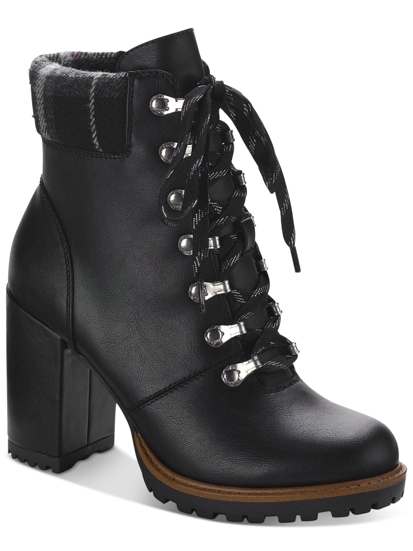 SUN STONE Womens Black Lace Up Padded Cuff Cushioned Lug Sole Octavia Round Toe Block Heel Zip-Up Hiking Boots 6.5 M