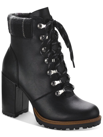 SUN STONE Womens Black Lace Up Padded Cuff Cushioned Lug Sole Octavia Round Toe Block Heel Zip-Up Hiking Boots 6.5 M