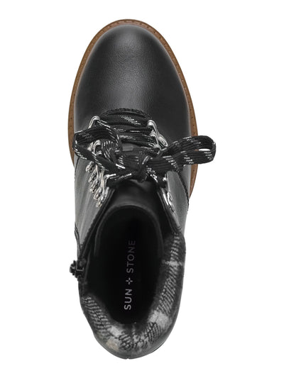 SUN STONE Womens Black Lace Up Padded Cuff Cushioned Lug Sole Octavia Round Toe Block Heel Zip-Up Hiking Boots 6.5 M