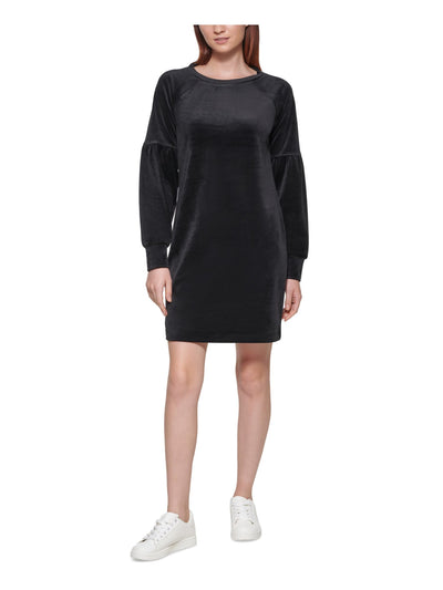 MARC NEW YORK PERFORMANCE Womens Black Stretch Textured Unlined Pouf Sleeve Jewel Neck Above The Knee Sheath Dress S