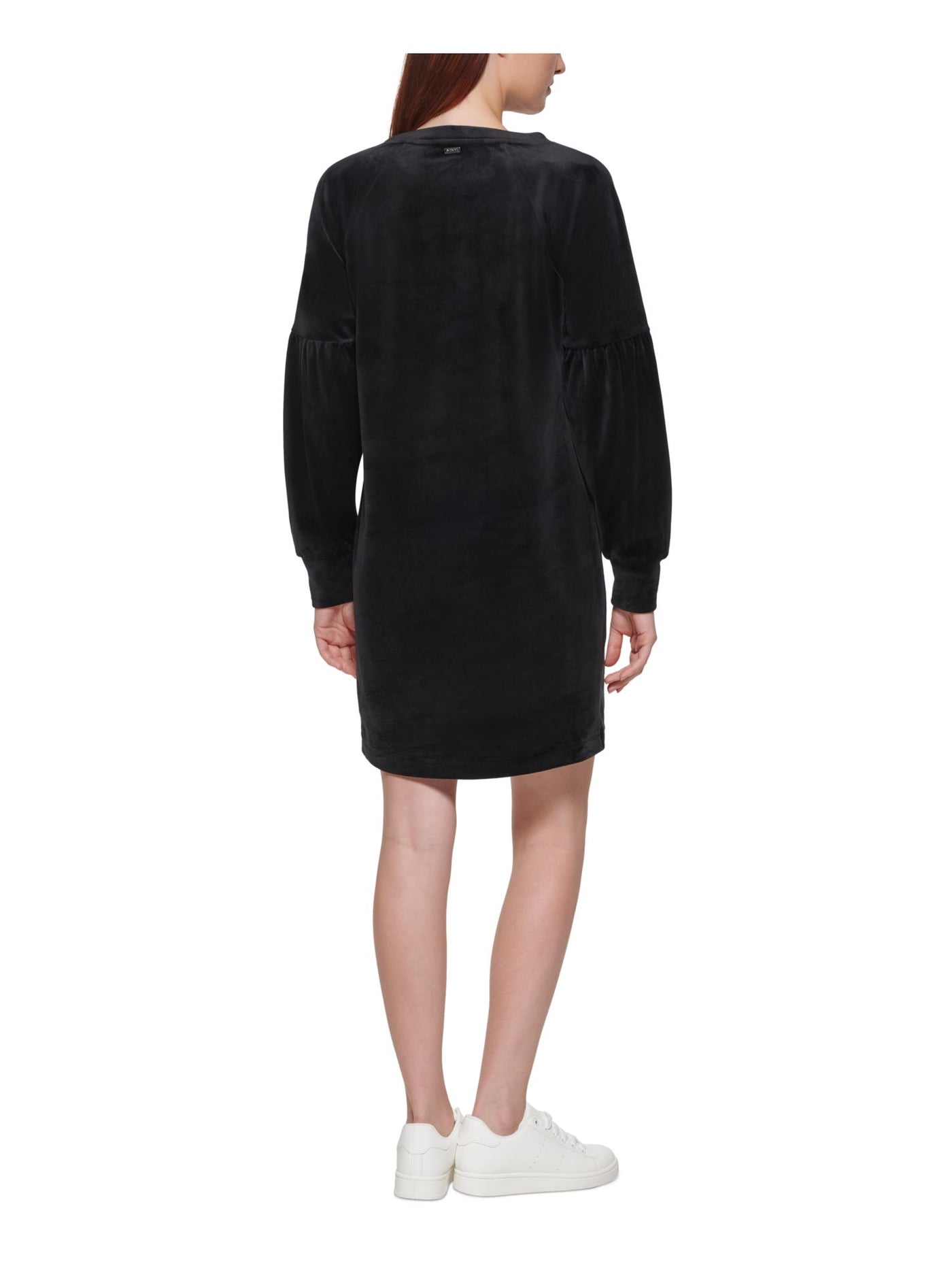 MARC NEW YORK PERFORMANCE Womens Black Stretch Textured Unlined Pouf Sleeve Jewel Neck Above The Knee Sheath Dress M