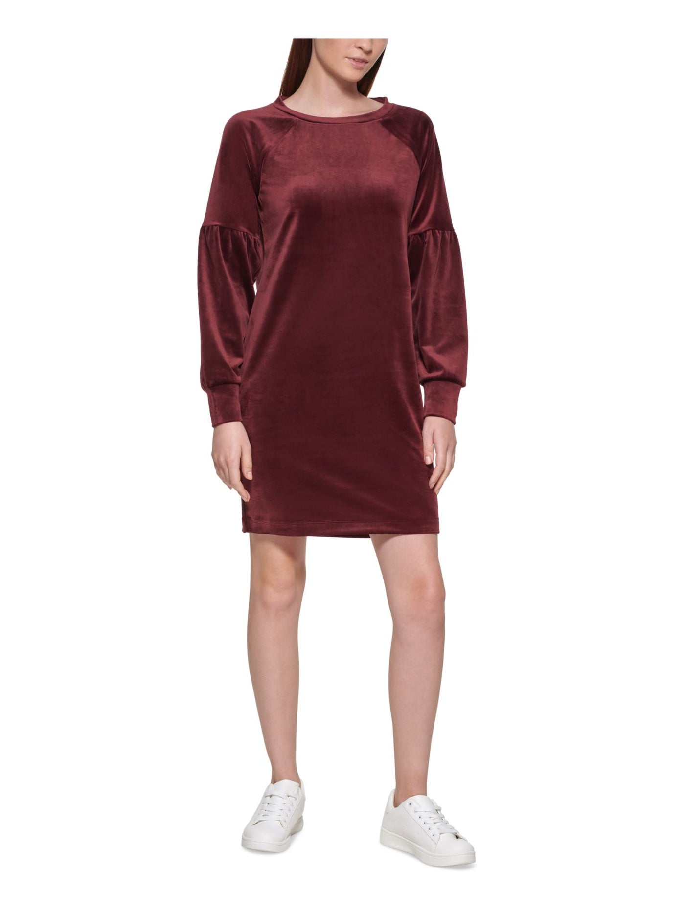 MNY MARC NEW YORK PERFORMANCE Womens Burgundy Stretch Textured Velvet Pullover Pouf Sleeve Jewel Neck Above The Knee Sheath Dress S