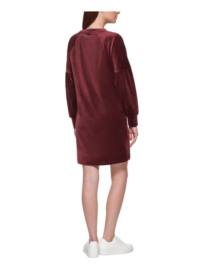 MARC NEW YORK PERFORMANCE Womens Burgundy Stretch Textured Velvet Pullover Pouf Sleeve Jewel Neck Above The Knee Sheath Dress L