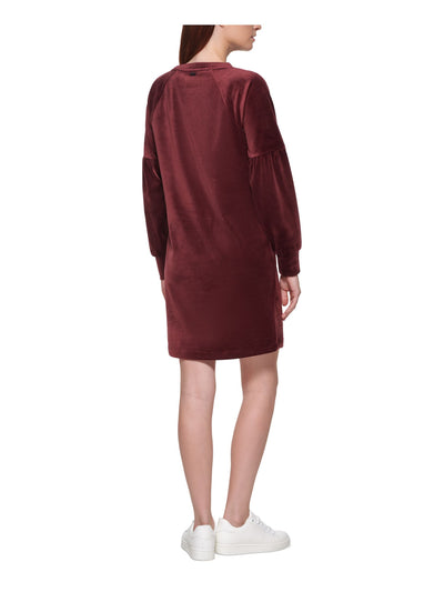 MNY MARC NEW YORK PERFORMANCE Womens Burgundy Stretch Textured Velvet Pullover Pouf Sleeve Jewel Neck Above The Knee Sheath Dress S