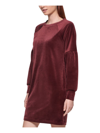 MNY MARC NEW YORK PERFORMANCE Womens Burgundy Stretch Textured Velvet Pullover Pouf Sleeve Jewel Neck Above The Knee Sheath Dress S