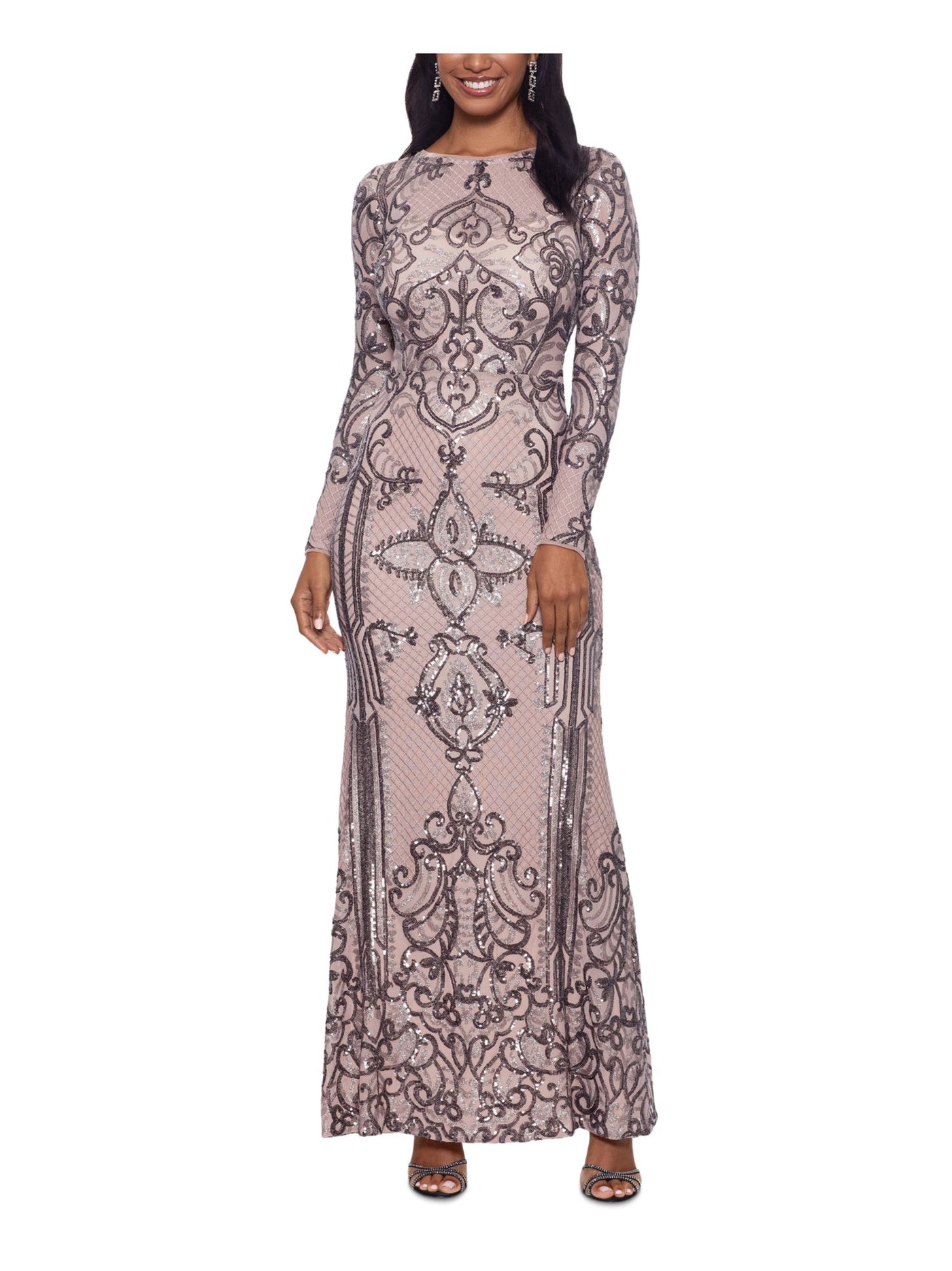 BETSY & ADAM Womens Pink Sequined Long Sleeve Jewel Neck Full-Length Evening Fit + Flare Dress 8P