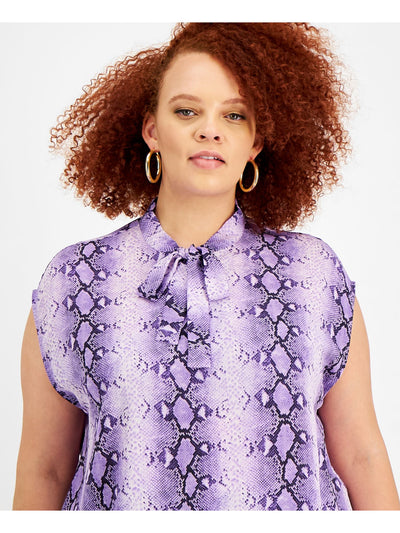 BAR III Womens Purple Sheer Pullover Curved Vented Hem Animal Print Sleeveless Tie Neck Blouse 1X