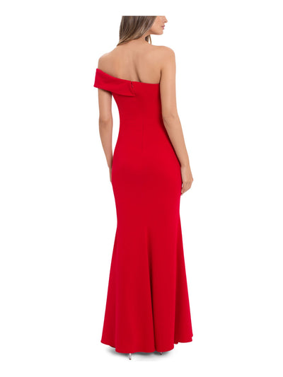 XSCAPE Womens Red Stretch Slitted Zippered Lined Short Sleeve Asymmetrical Neckline Full-Length Formal Gown Dress 12