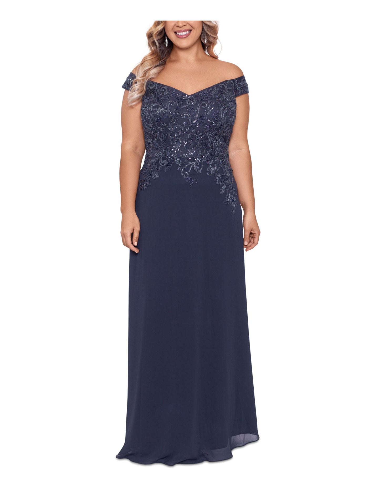 BETSY & ADAM Womens Navy Embellished Zippered Sheer Lined Short Sleeve Off Shoulder Full-Length Formal Gown Dress Plus 14W