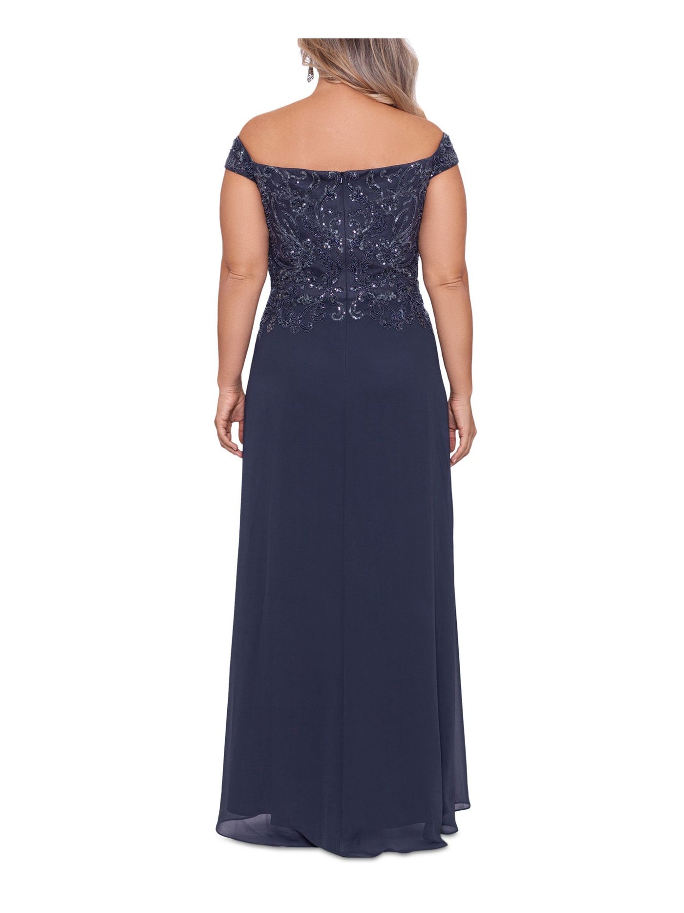 BETSY & ADAM Womens Navy Embellished Zippered Sheer Lined Short Sleeve Off Shoulder Full-Length Formal Gown Dress 22W