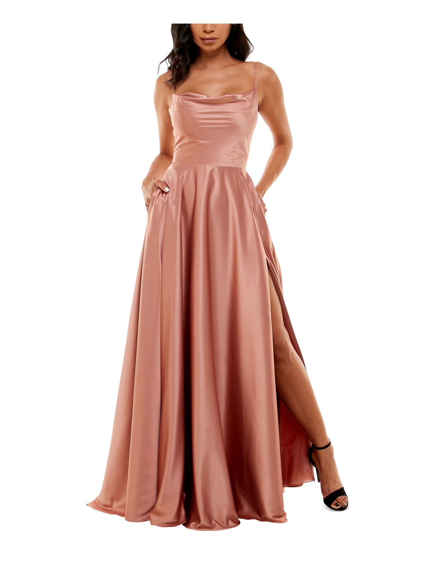 B DARLIN Womens Pink Pocketed Zippered Lace Up Open Back High Slit Spaghetti Strap Cowl Neck Full-Length Prom Fit + Flare Dress Juniors 5\6