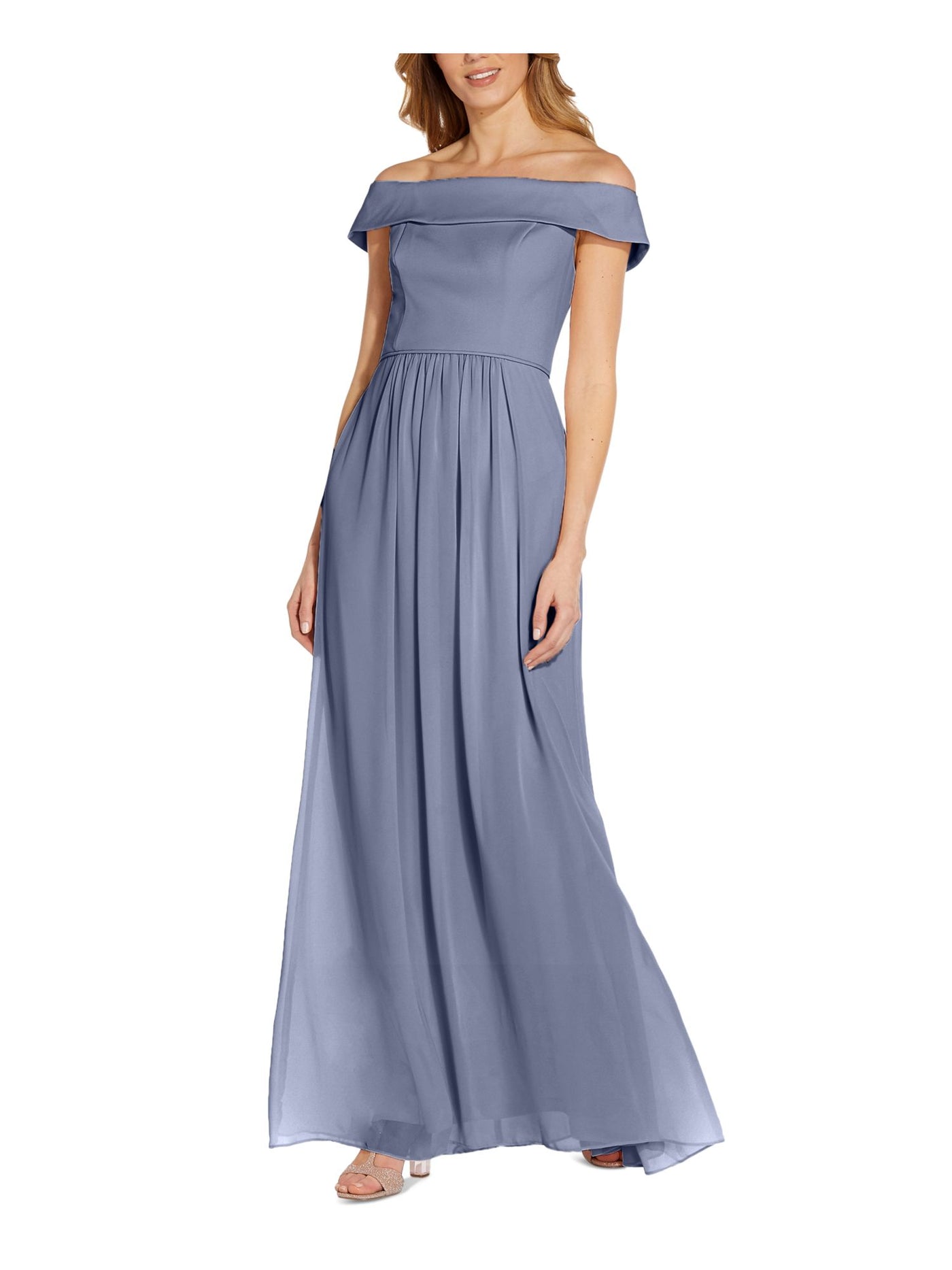 ADRIANNA PAPELL Womens Light Blue Pleated Zippered Chiffon Short Sleeve Off Shoulder Maxi Evening Fit + Flare Dress 4