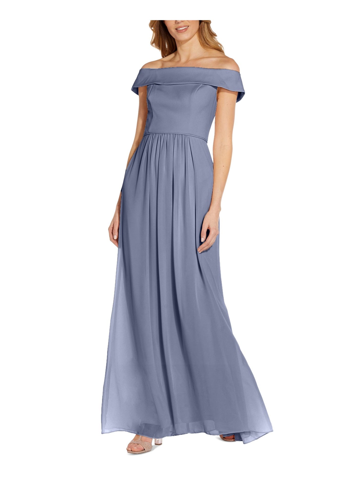 ADRIANNA PAPELL Womens Blue Pleated Zippered Chiffon Short Sleeve Off Shoulder Maxi Formal Fit + Flare Dress 8