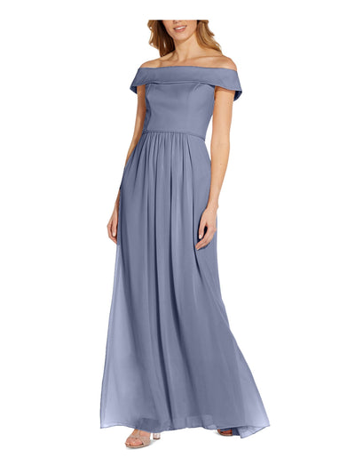 ADRIANNA PAPELL Womens Blue Pleated Zippered Chiffon Short Sleeve Off Shoulder Maxi Formal Fit + Flare Dress 2
