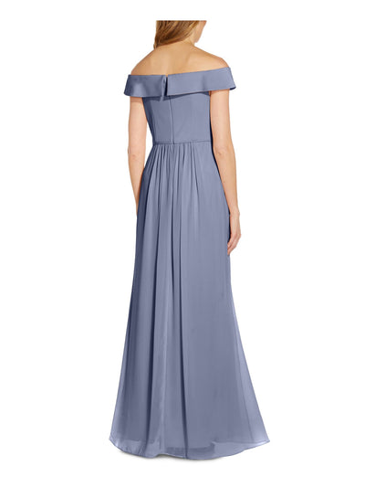 ADRIANNA PAPELL Womens Light Blue Pleated Zippered Chiffon Short Sleeve Off Shoulder Maxi Evening Fit + Flare Dress 4