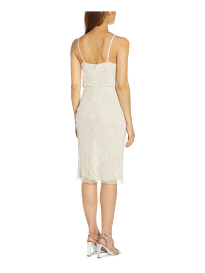 ADRIANNA PAPELL Womens Beige Beaded Zippered Lined Spaghetti Strap V Neck Below The Knee Party Sheath Dress 4