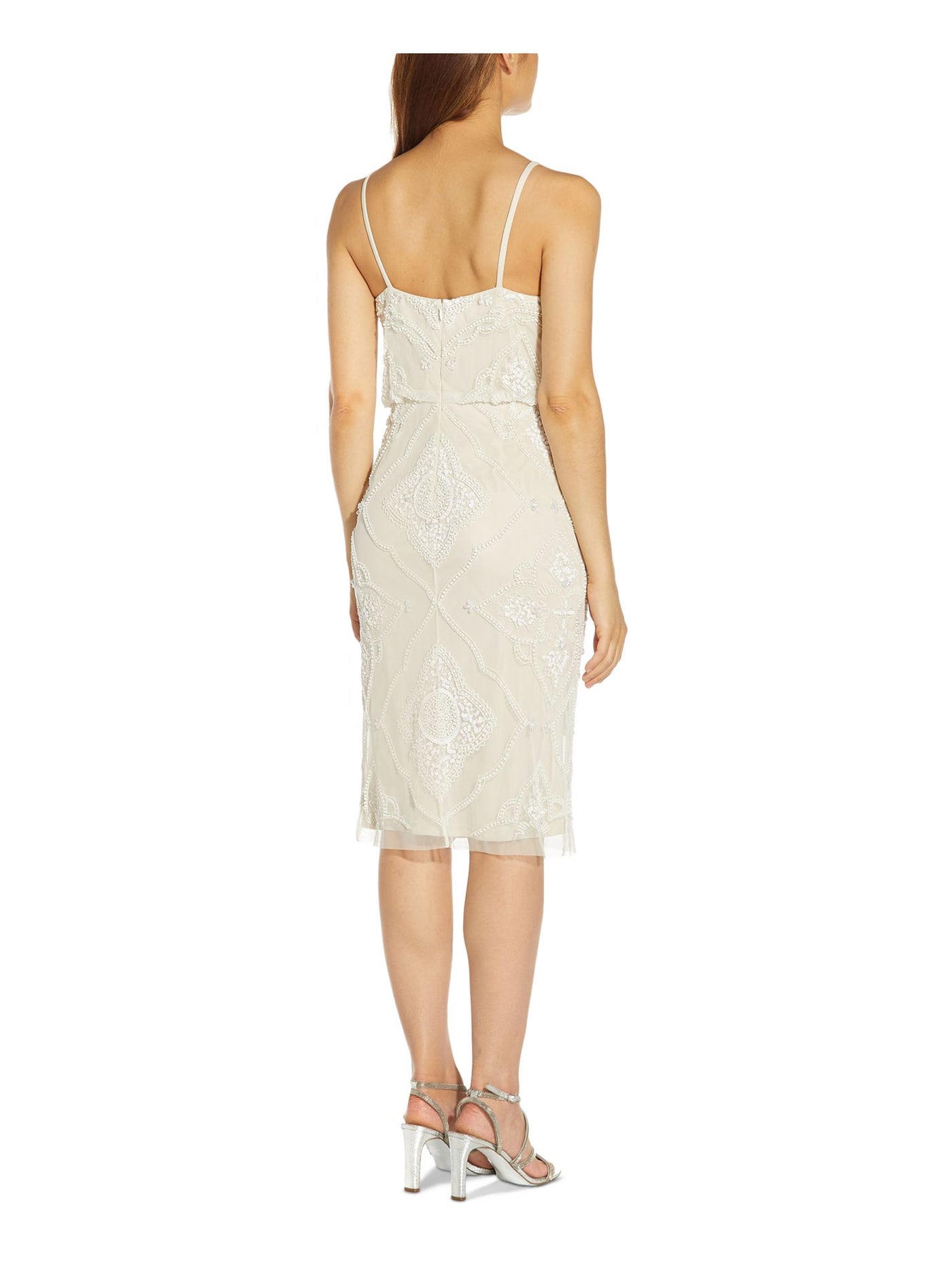 ADRIANNA PAPELL Womens Beige Beaded Zippered Lined Spaghetti Strap V Neck Below The Knee Party Sheath Dress 8