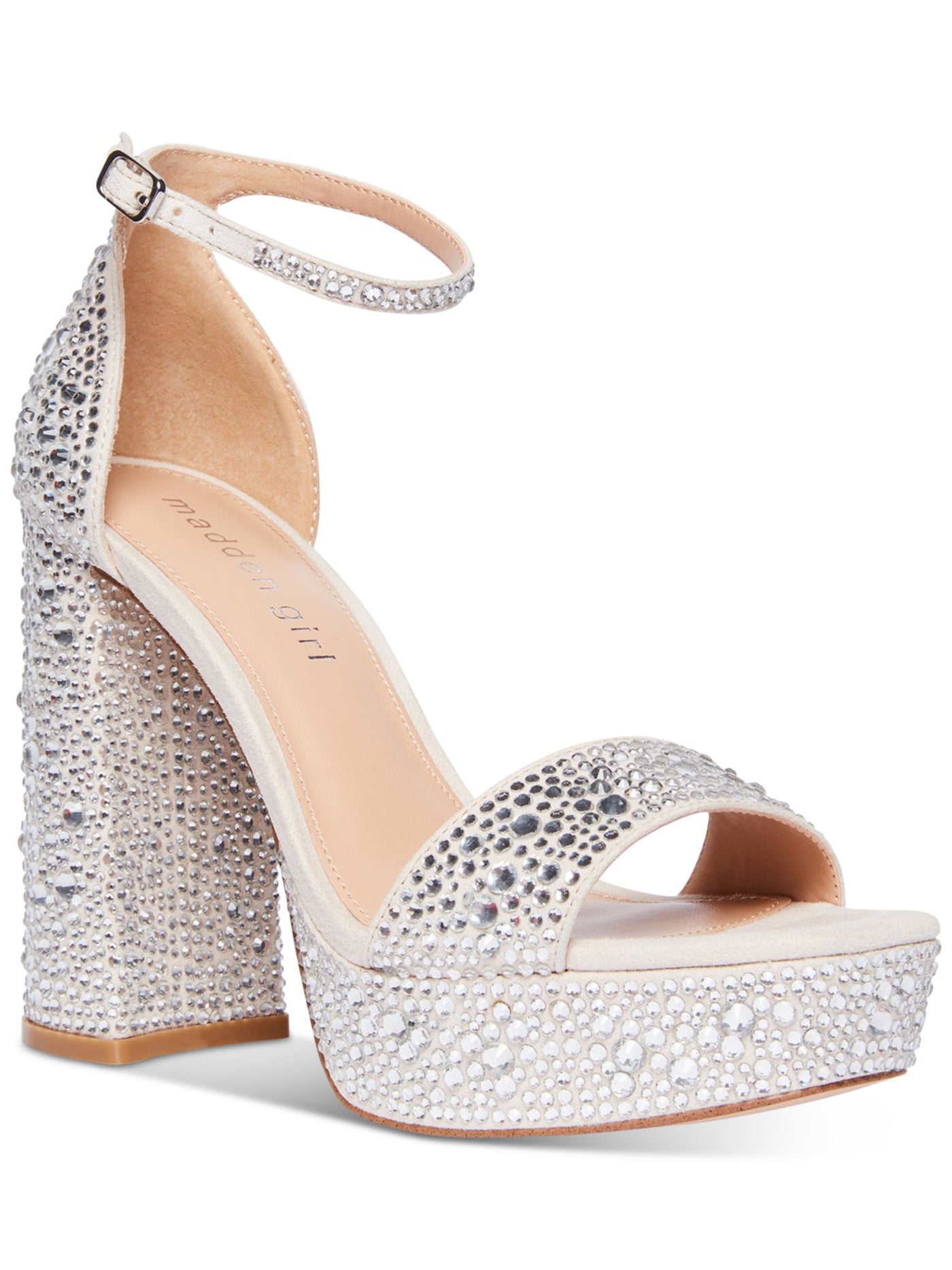 MADDEN GIRL Womens Ivory Mixed Media 1" Platform Padded Rhinestone Omega Square Toe Platform Buckle Dress Heeled Sandal 8.5 M