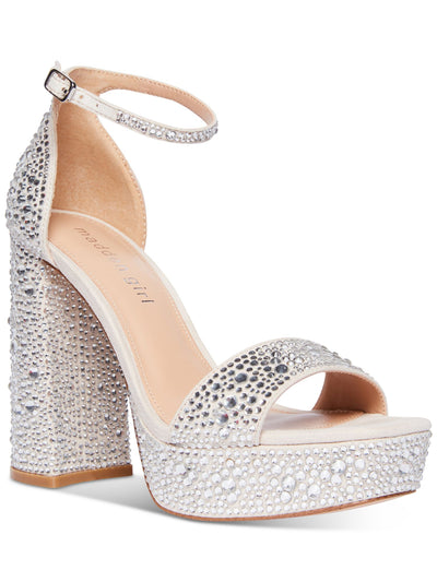 MADDEN GIRL Womens Ivory Mixed Media 1" Platform Padded Rhinestone Omega Square Toe Platform Buckle Dress Heeled Sandal 8.5 M