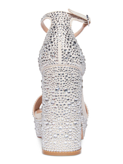 MADDEN GIRL Womens Ivory Mixed Media 1" Platform Padded Rhinestone Omega Square Toe Platform Buckle Dress Heeled Sandal 8.5 M