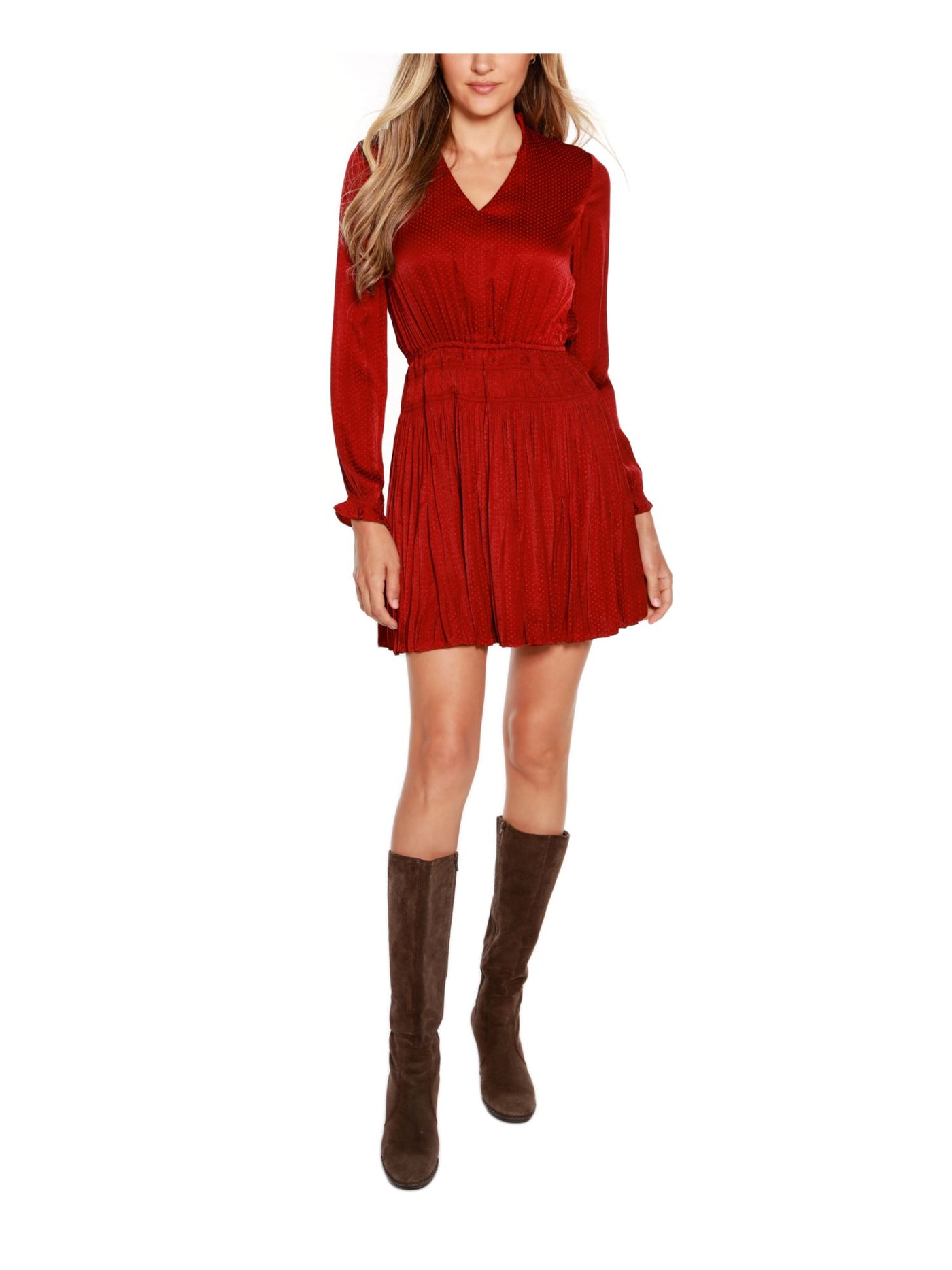 BELLDINI Womens Maroon Ruffled Pleated Shirred Pullover Long Sleeve V Neck Above The Knee Party Fit + Flare Dress S\P