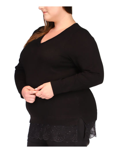 MICHAEL MICHAEL KORS Womens Black Ribbed Sheer Pullover Long Sleeve V Neck Sweater Plus 3X