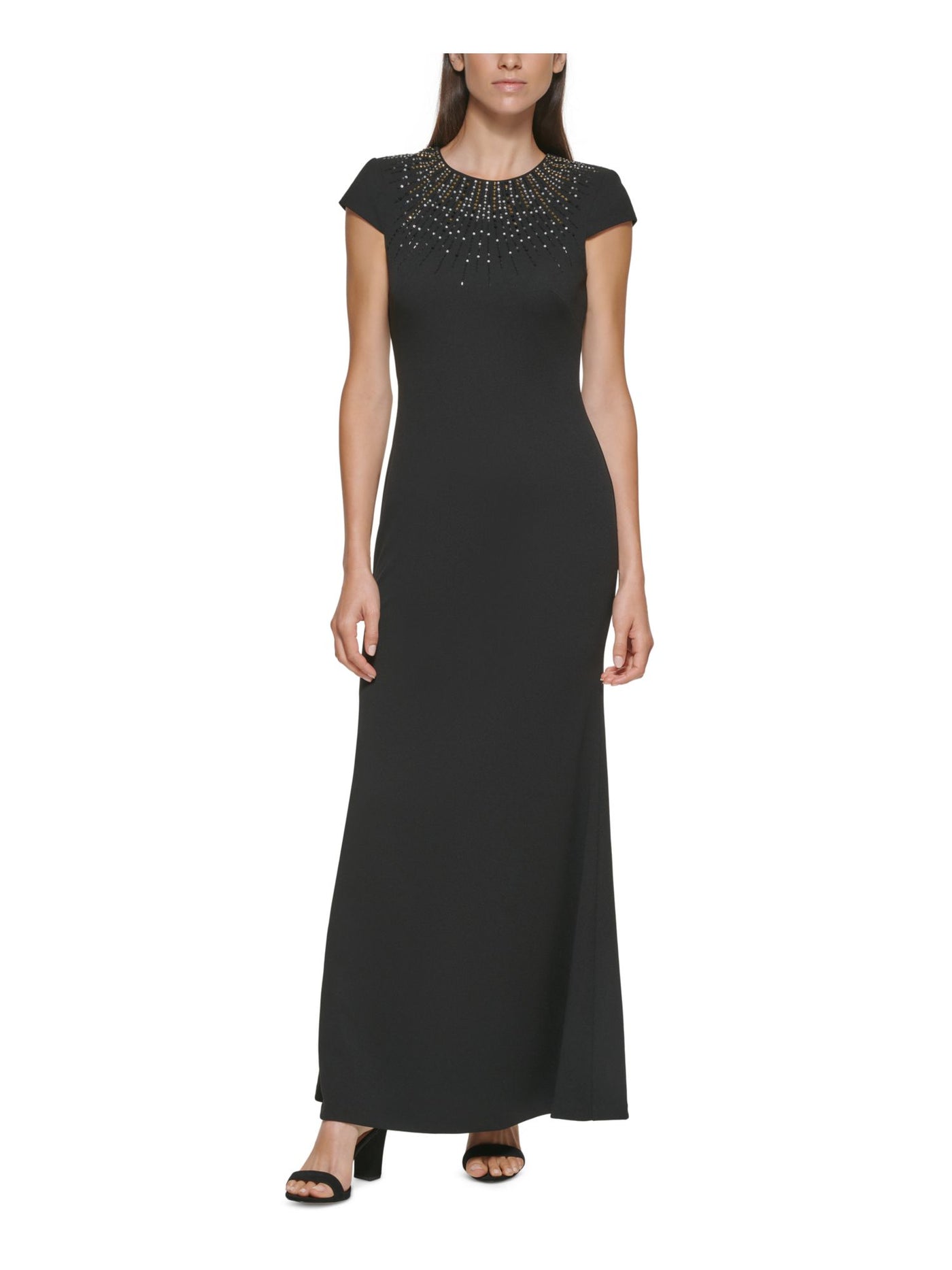 VINCE CAMUTO Womens Black Stretch Embellished Zippered Lined Cap Sleeve Jewel Neck Full-Length Formal Gown Dress 2