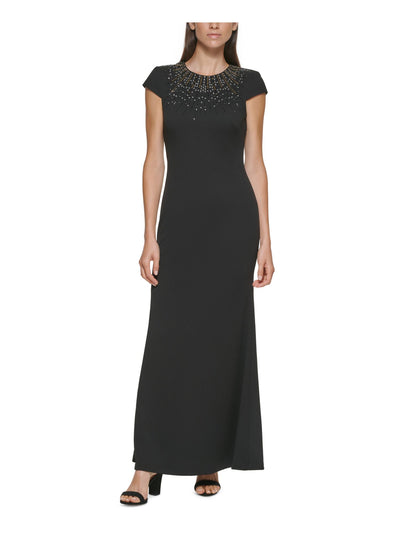 VINCE CAMUTO Womens Black Stretch Embellished Zippered Lined Cap Sleeve Jewel Neck Full-Length Formal Gown Dress 8