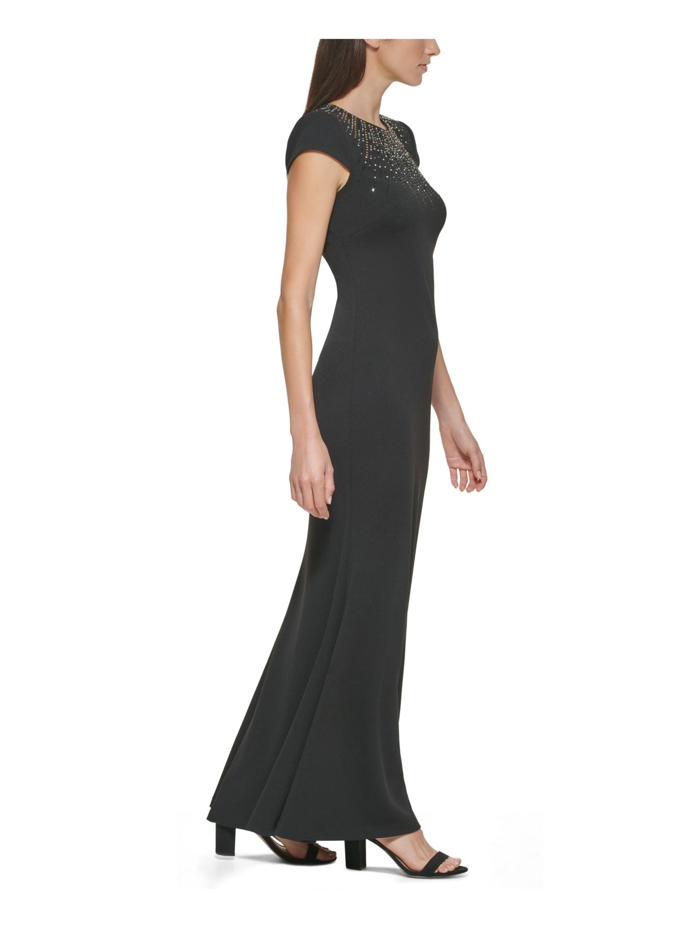 VINCE CAMUTO Womens Black Stretch Embellished Zippered Lined Cap Sleeve Jewel Neck Full-Length Formal Gown Dress 2