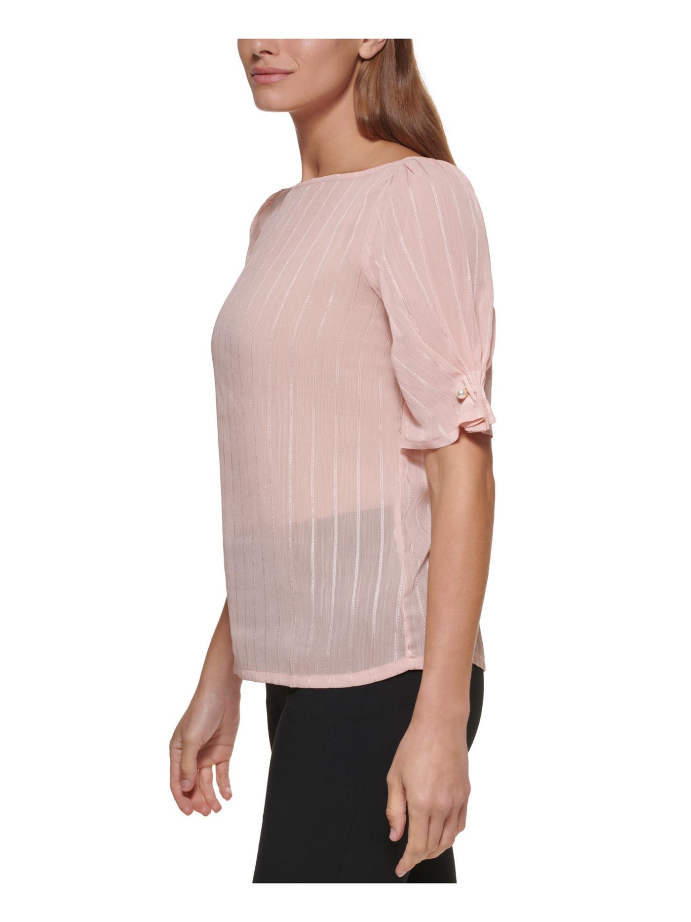 DKNY Womens Pink Pleated Sheer Pullover Pearl Button Cuffs Elbow Sleeve Crew Neck Wear To Work Top L